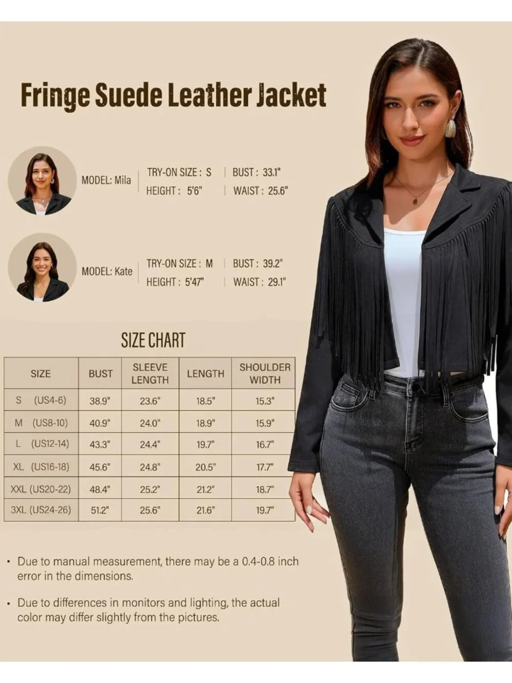 Women's Black Fringe Faux Suede Leather Jackets Fashion Fall Western Tassel Coat